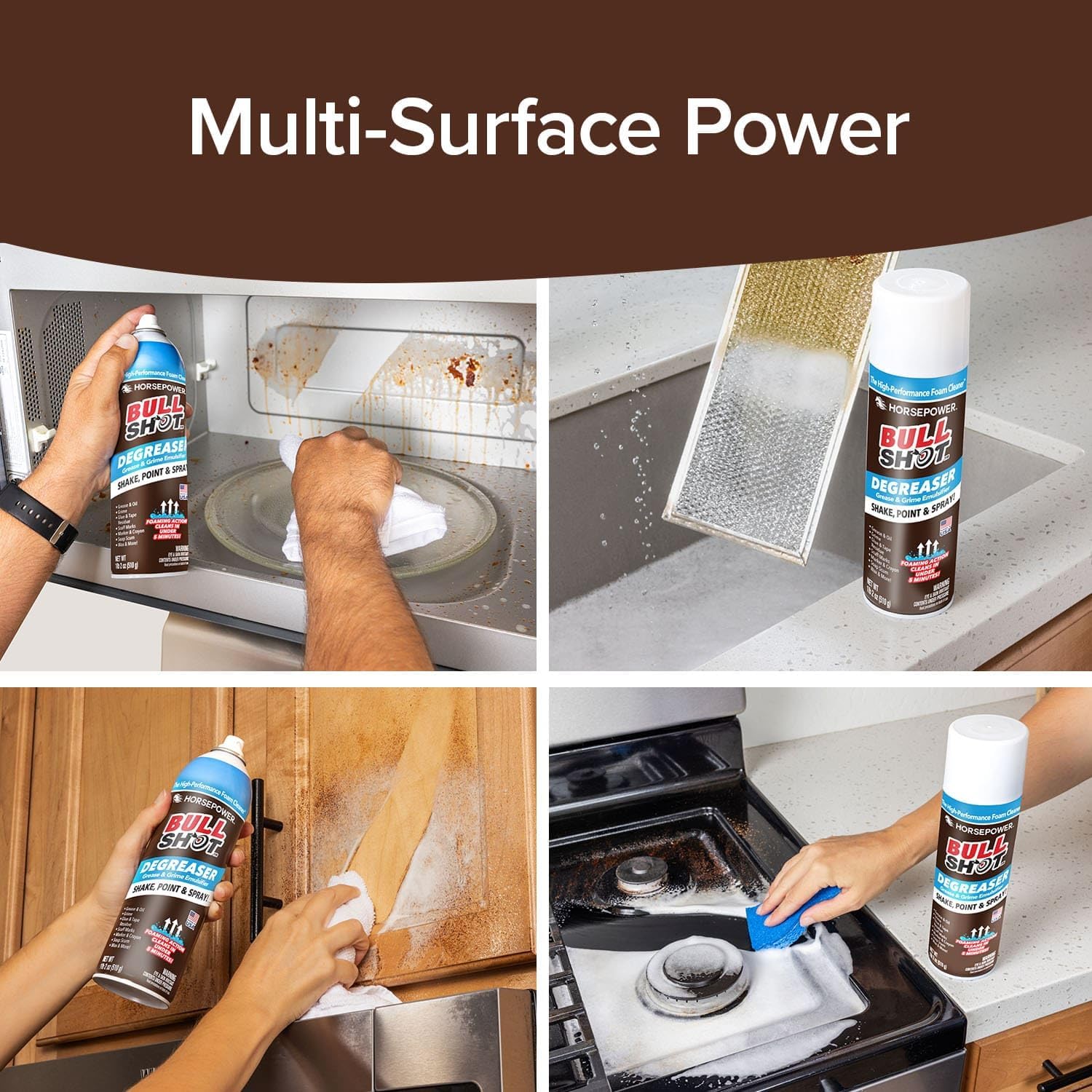 BULL SHOT DEGREASER, Foaming GREASE & GRIME Remover, AS SEEN ON TV