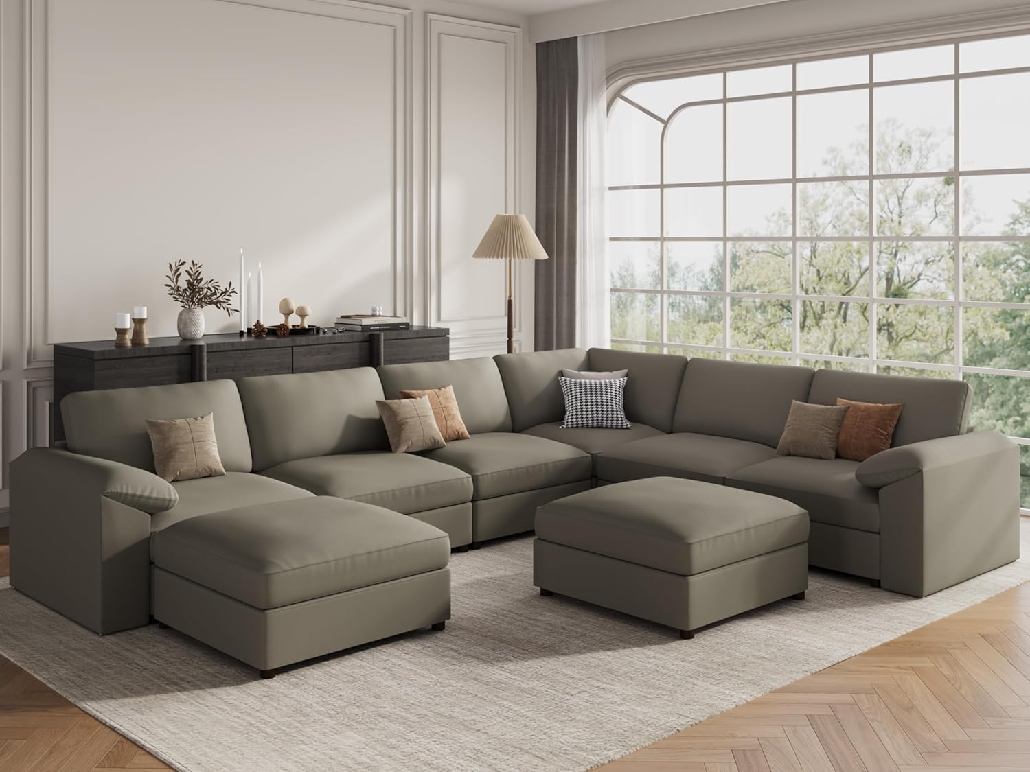 Oversized Faux Leather Sectional with Ottoman, Scratch Resistant  Pet & Kid Friendly