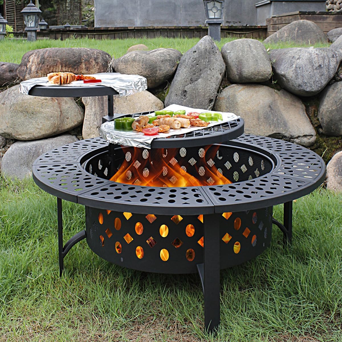 36 " Fire Pit with 2 Grills, BBQ& Outdoor Firepit for Patio, Picnic & Party