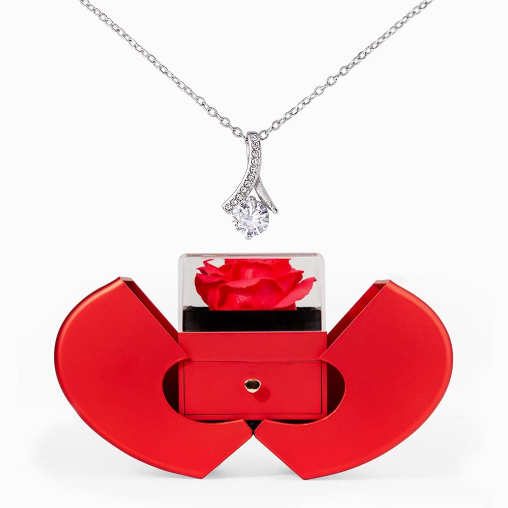 ALLURING Beauty Necklace and RED HEART Rose Box (White & Yellow Gold)