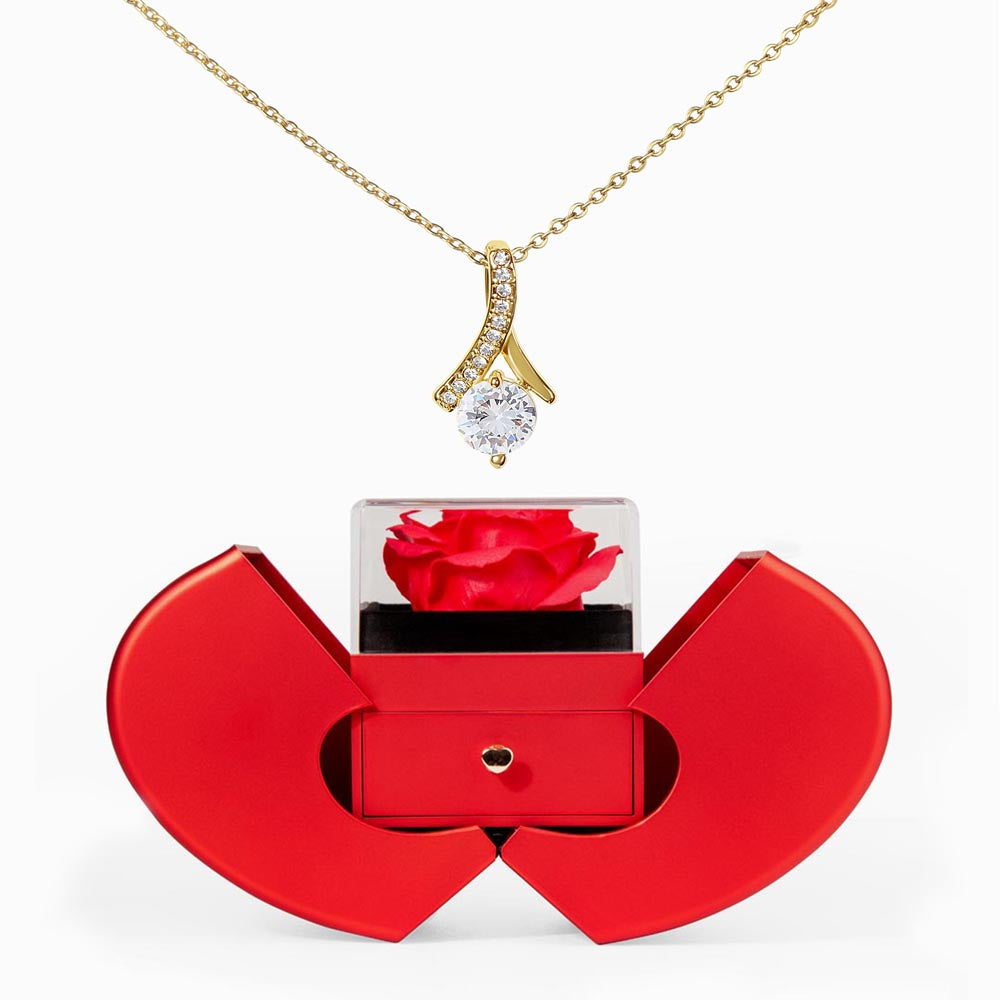 ALLURING Beauty Necklace and RED HEART Rose Box (White & Yellow Gold)